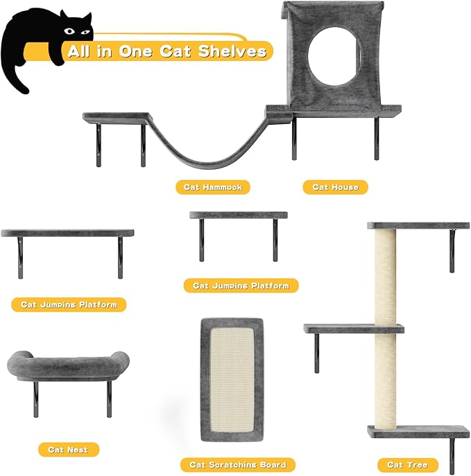 NUNU LAB Wall Mounted Cat Climber Set, 6 Pcs Cat Furniture Set with House, Bridge, Steps, Scratcher Board and Hammock, Shelves for Indoor, Luxury Walls Furniture(Dark Grey)