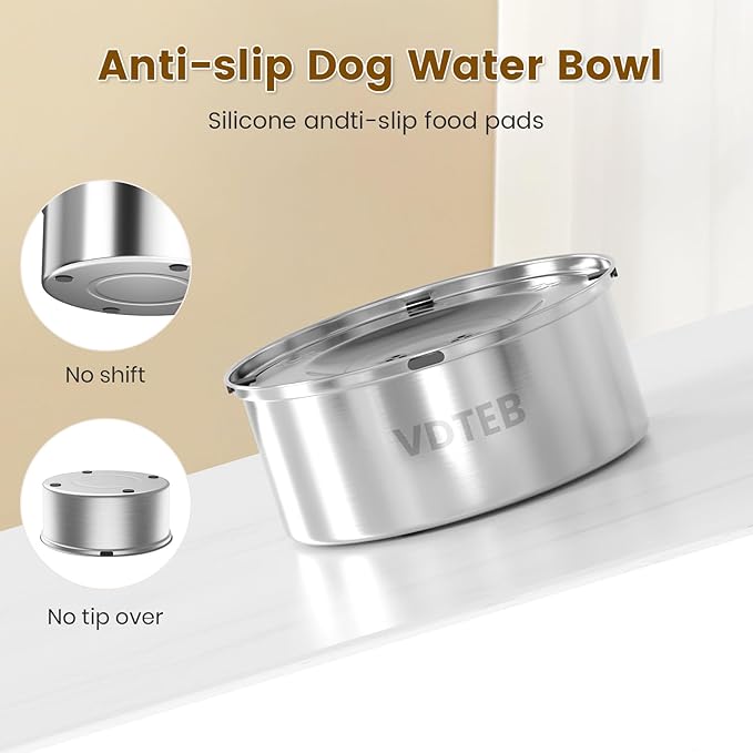 Dog Water Bowl No Spill,3L/101oz Stainless Steel Dog Water Bowl with Anti-Slip, Spill Proof Slobber Stopper No Drip Slow Drinking Dog Feeder for Sloppy Messy Drinkers