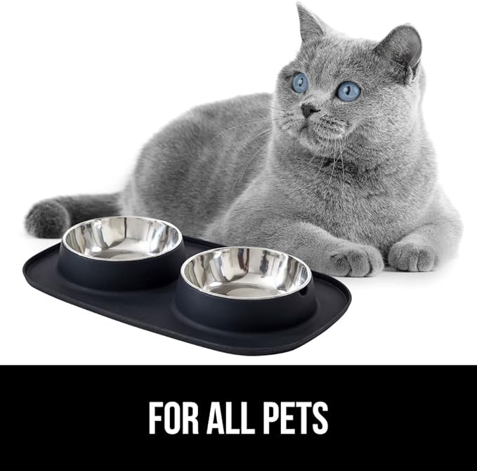 GORILLA GRIP Feeding Mat Set, Patent Pending 100% Waterproof BPA Free Silicone, Stainless Steel Cat and Dog Bowls, Slip Resistant, High Edges Catch Water Food, US Designed Pet Accessories, 1 Cup Black