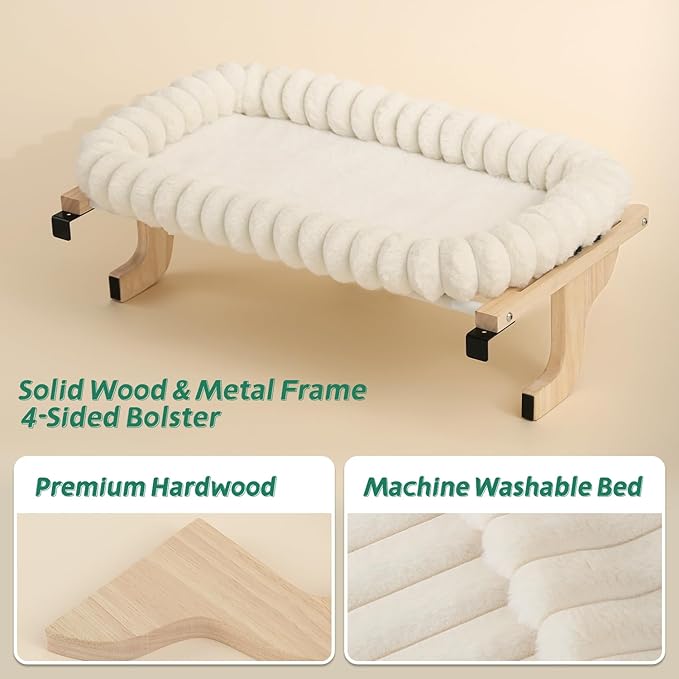 Zakkart SnugCloud Cat Window Perch with 4-Sided Bolster - Orthopedic Cat Hammock for Window Sill - Solid Hardwood & Metal Frame - Window Seat for Pets (Natural Color Wood w/White Bed, Medium)