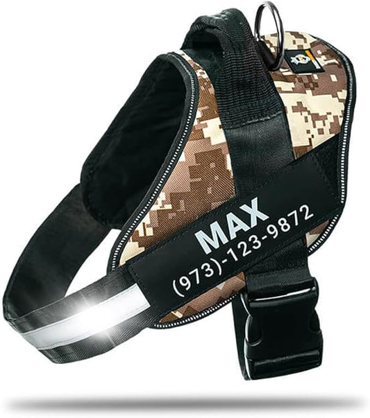 Personalized No-Pull Dog Harness with Name Patch, Adjustable, Reflective, Padded, Heavy Duty Pet Vest to Prevent Tugging, Pulling, or Choking, Training and Walking, Military Desert, M