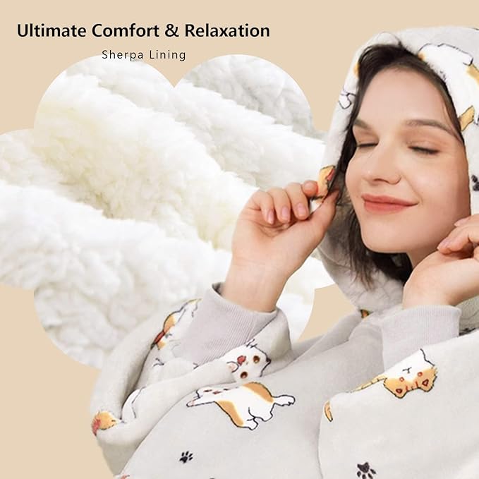 KFUBUO Wearable Blanket Hoodie for Adults Sherpa All Patterns Cat Oversized Sweatshirt Blanket with Pockets for Women