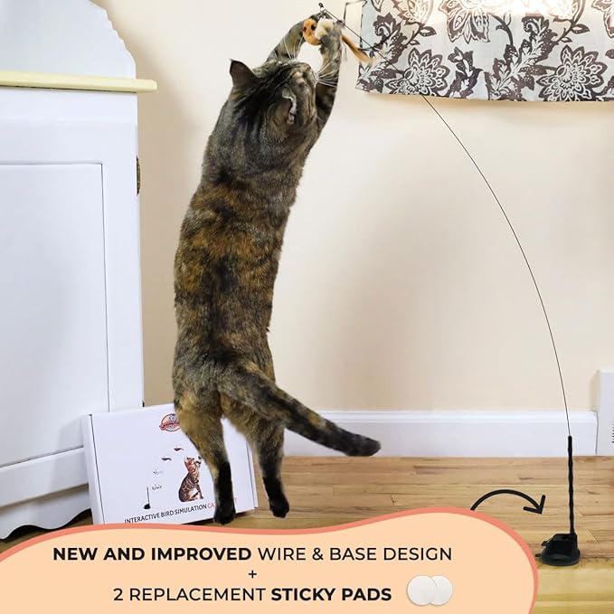 Whiskertons Interactive Bird Simulation Cat Toy Set, Interactive Cat Toys for Indoor Cats, Cat Feather Toy, Self-Holding Suction Base, 5 Replacement Birds, Feathers & Bells (Standard Hybrid Bundle)