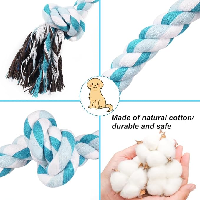 SZEE Dog Rope Toys, 24 in 3 Knots Chew Rope for Medium and Large Dogs, Natural Cotton Pet Pull Toy for Tug of War and Teeth Cleaning (Blue)