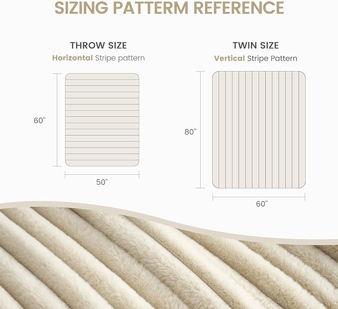 Cozy Bliss Faux Fur Throw Blanket for Couch, Cozy Warm Plush Striped Blanket for Sofa Bedroom Living Room, 50 * 60 Inches Beige