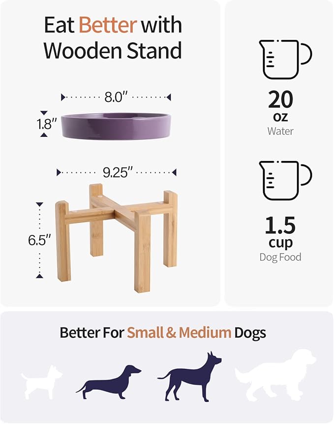 Purple Elevated/Raised Dog Bowl Ceramic Slow Feeder with Wood Stand for Small Medium Large Dogs, 8.66 in Dog Dish to Slow Down Eating,Modern Heavy Slow Puppy Bowl for Fast Eaters