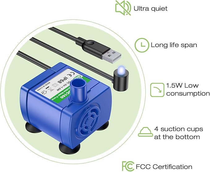 Cat Water Fountain Stainless Steel Top with 4 Filters and 4 Sponges, Pet Water Fountain for Small Dog and Cat with LED Light and Water Level Window (Green)