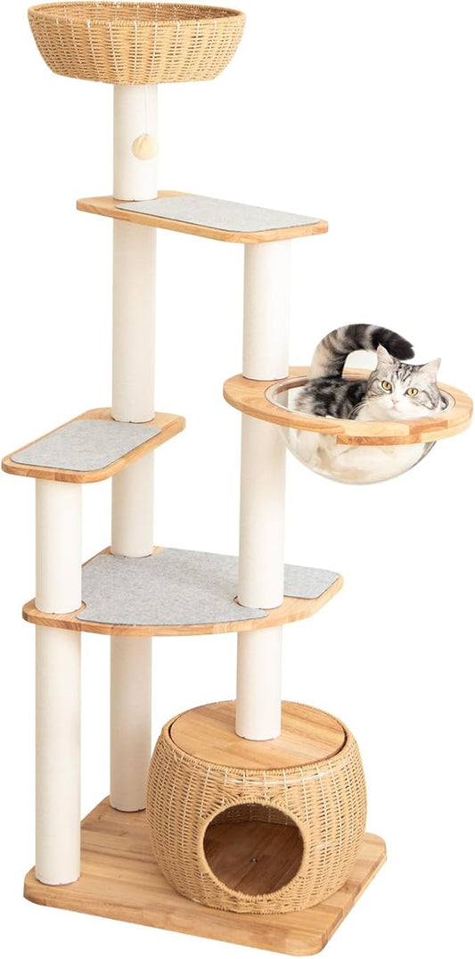 Wood Cat Tree for Large Cat, 63-Inch Tall Cat Tower with Scratching Post for Indoor Cats, Multi-Level Cat Condo with Hand-Woven Cat Bed and Acrylic Bowl Easy to Clean (White 81007s)