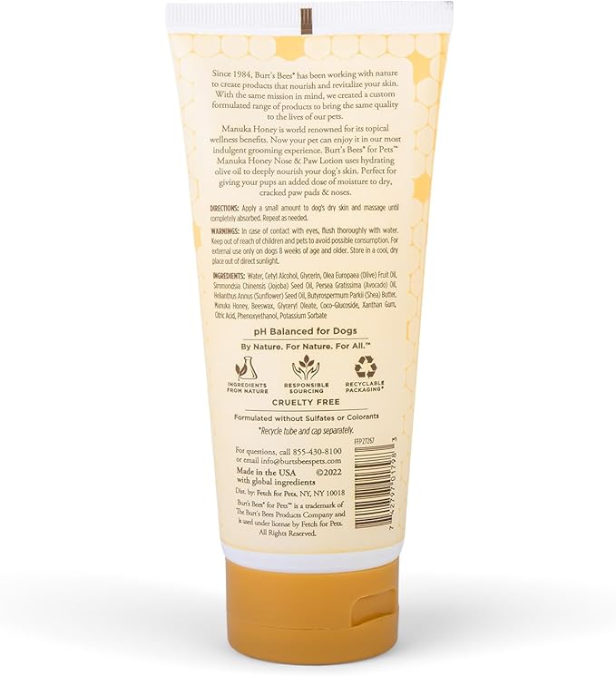 BURT'S BEES FOR PETS Paw & Nose Lotion for Dogs with Manuka Honey and Olive Oil, Soothes Dry Dog Paws -Naturally Derived Ingredients, 6 Oz