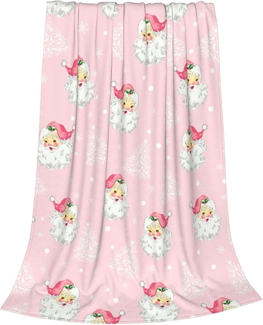Xmas Santa Claus Blankets, Christmas Soft Lightweight Anti Pilling Pink Flannel Blanket for Women, 60x80 Inches Winter Tree Snowflake Decorative Aldult Throw Blanket for Couch Chair Living Bedroom