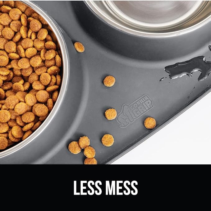 GORILLA GRIP Feeding Mat Set, 3 Cup, Patent Pending 100% Waterproof BPA Free Silicone, Stainless Steel Cat and Dog Bowls, Slip Resistant, High Edges Catch Water Food, US Designed Pet Accessories, Gray