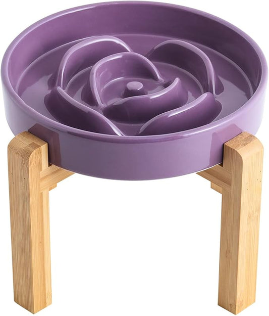 Purple Elevated/Raised Dog Bowl Ceramic Slow Feeder with Wood Stand for Small Medium Large Dogs, 8.66 in Dog Dish to Slow Down Eating,Modern Heavy Slow Puppy Bowl for Fast Eaters