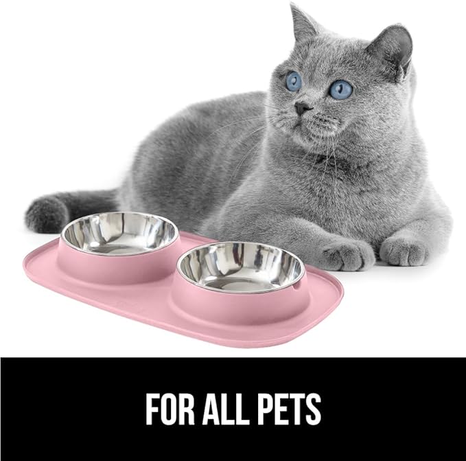 GORILLA GRIP Feeding Mat Set, Patent Pending 100% Waterproof BPA Free Silicone, Stainless Steel Cat and Dog Bowls, Slip Resistant, High Edges Catch Water, Food, US Designed Pet Accessories, 1 Cup Pink