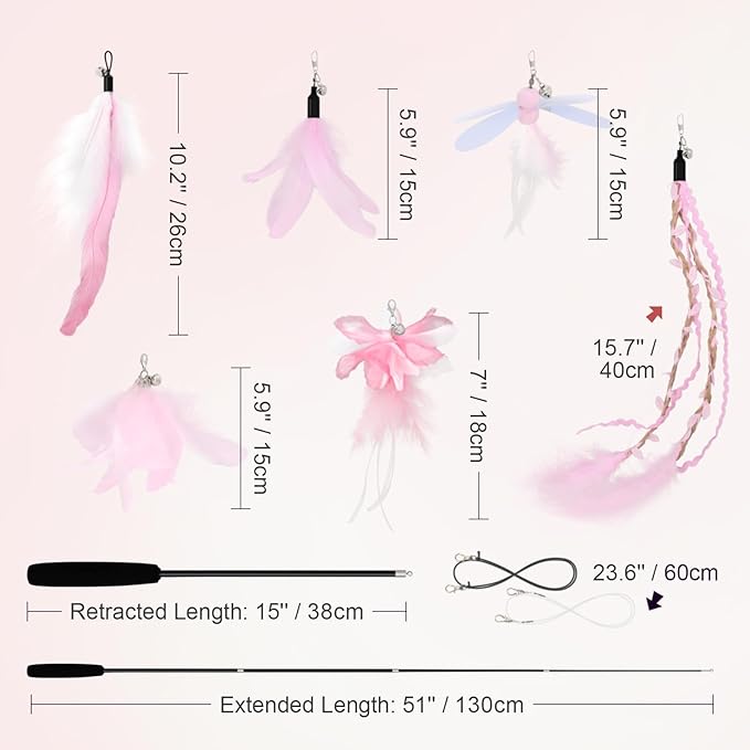 SONGWAY Cat Wand Toys for Indoor Cats - Cat Toy Set with Retractable Teaser Wand and 6 PCS Fairy Feather Toy Refills, Dragonfly Tassel Plush Cat Toys Interactive, Pink