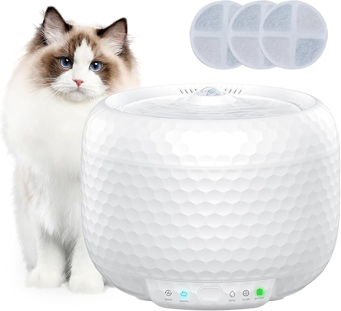 Small Cat Water Fountain with Ultra Quiet Pump, 1.8L/61oz Cute Cat Water Dispenser, BPA-Free, Detachable Design & Easy Cleaning, Includes 3 Replacement Filters (White, ABS)