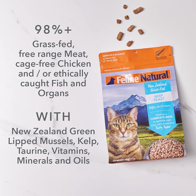 Feline Natural High Protein Dry Cat Food, Freeze-Dried Diet with 98% Meat, Organs & Seafood, No Peas, Grains, or Artificial Additives, Made in New Zealand, Chicken & Lamb, 11oz