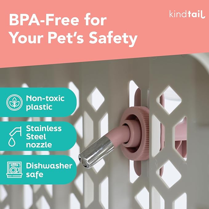 KindTail Pawdle - No-Drip Dog Crate Water Bottle - Top-Fill Pet Water Dispenser - BPA Free with Stainless Steel Nozzle - Easy-to-Use with Most Crates & Playpens - 7 x 6 x 4 in - 16oz Capacity - Pink