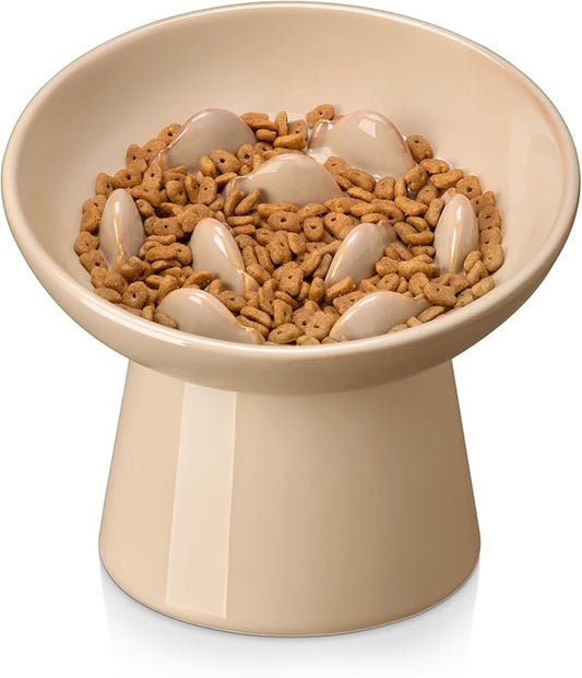 vancasso Ceramic Slow Feeder Cat Bowl, 6.25 Inch Elevated Cat Slow Feeder Bowl, Anti Vomiting for Dry and Wet Food, Brown