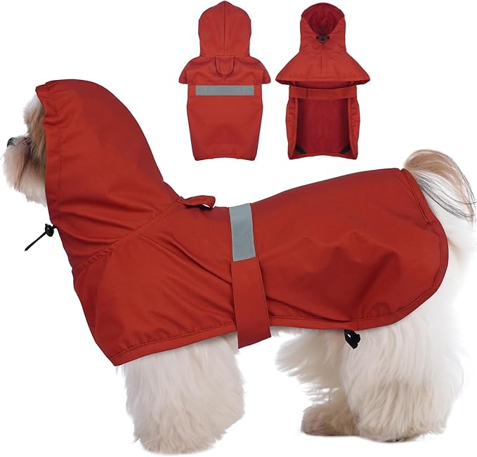 MIGOHI Dog Rain Jacket, Waterproof Rain Coat for Dogs | Outdoor Dog Raincoat with Hood, Windproof & Breathable, Reflective Strips for Safety, Red, M