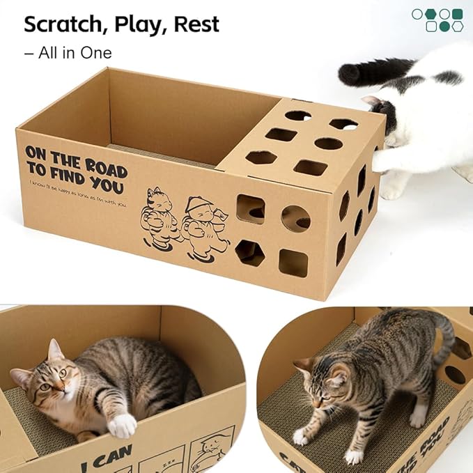 3-in-1 Multi-Functional Cardboard Cat Scratcher Box with Double-Sided Scratch Pad and Interactive Toy Assortment - Includes Refillable Pads and Treat Puzzle Box - Ideal for Indoor Cats
