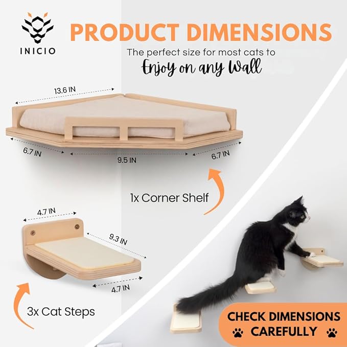 INICIO Cat Wall Shelves - Modern and Durable 3 Step Cat Furniture for Wall - Stylish Birch Floating Shelf for Cats up to 15lbs - Wooden Corner Shelves with Cushioned Perch - Natural Wood