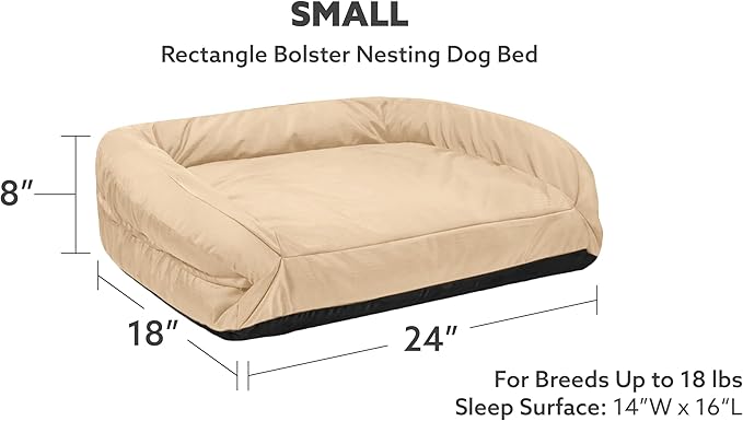 K9 Ballistics Tough Bolster Nesting Pillow Sofa Dog Bed for Toy and X Small Breeds - Durable, Water Resistant with Removable, Washable Cover & Nonskid Bottom 24"x18", Sandstone
