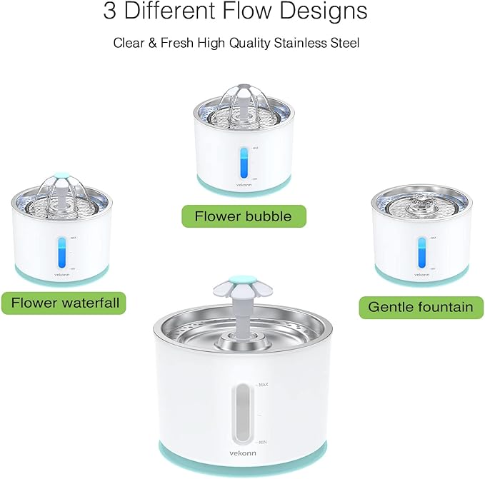 Cat Water Fountain Stainless Steel Top with 4 Filters and 4 Sponges, Pet Water Fountain for Small Dog and Cat with LED Light and Water Level Window (Green)