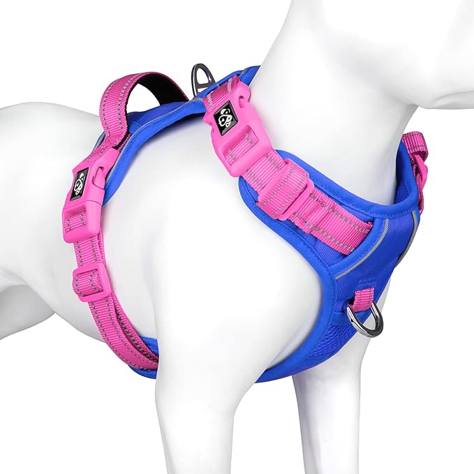 PHOEPET No Pull Dog Harness, Unique Colors Reflective Adjustable Dog Vest, with Soft Training Handle Metal Clips for Small Medium Large Dogs (Royal Blue Base & Pink Straps,XL)