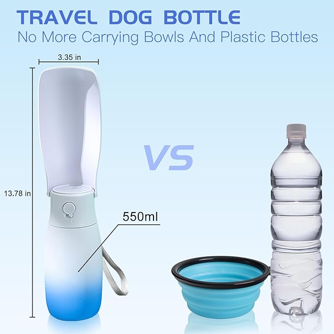 Outdoor Dog Water Bottle, Food Grade Plastic Dog Travel Water Bowl Dispenser, Portable Pet Water Bottle, Pet Essentials for Dogs Cat Puppy Walking Hiking, Dog Gifts(19Oz, Blue&White)