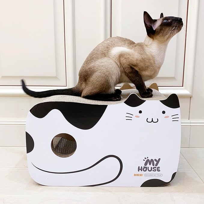 TTCAT Cute Kawaii Cat House Cat Scratching Pad Corrugated Cardboard Cat Scratcher Lounge, Durable Cat Scratching Board with Catnip for Furniture Protection.Black+White