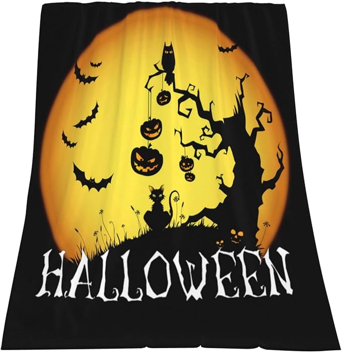 Happy Halloween Throw Blankets Lightweight Plush Fuzzy Cozy Soft Bedding, Fleece Throw Blankets All Season for Sofa Couch Bed 50x60 inches,Cat Pumpkin Tree