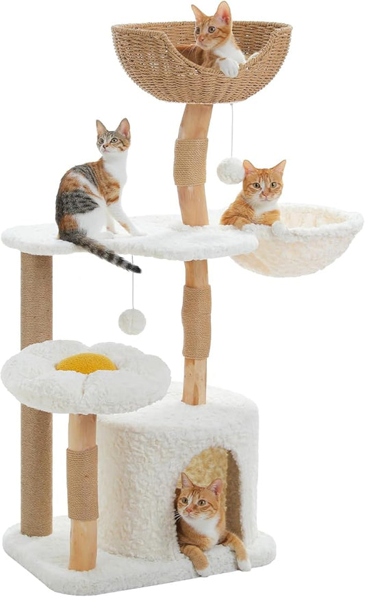 PEQULTI 48.5'' Modern Cat Tree Solid Wood Cat Tower for Indoor Cats with Luxury Cat Condo, Cozy Hammock, Scratching Post, Rattan Perch and Flower Cat Bed for Large Cats Adult, White