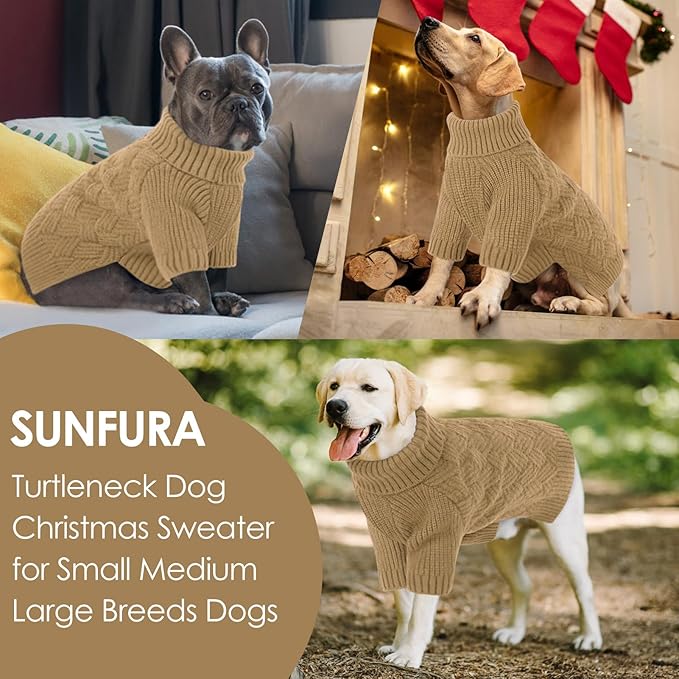 SUNFURA Dog Sweater, Medium Dog Sweaters Doggie Pullover for Fall Winter, Fleece Pet Christmas Sweaters for Holiday, Warm Turtleneck Knitwear for French Bulldog, Boston Terrier, Camel M