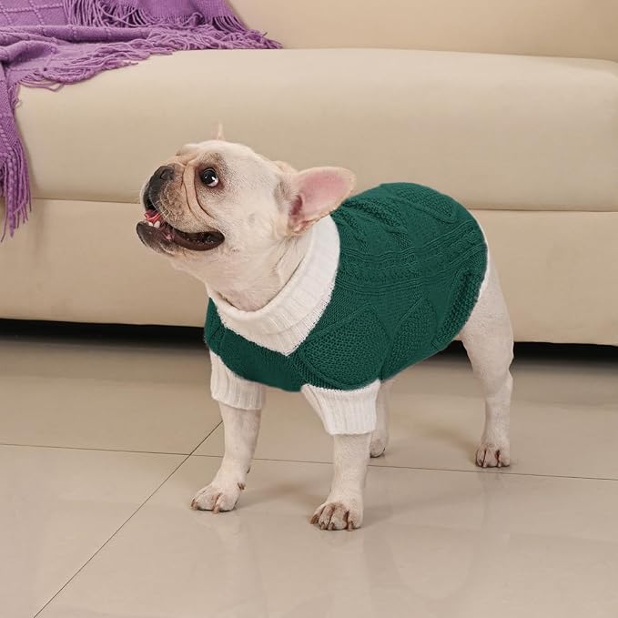 Dog Sweater for Medium Dogs Argyle Cable Knit Turtleneck Pullover Winter Clothes Boys Girls French Bulldog Dachshund Corgi Beagle Pug Pet (L, Green)