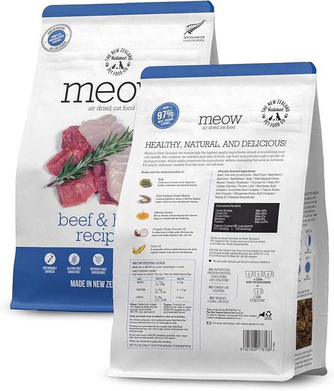 The New Zealand Natural Pet Food Co. Meow Air Dried Cat Food - Beef & Hoki Recipe - Topper, Mixer or as Cat Training Treats, All Life Stages - 26.5 oz