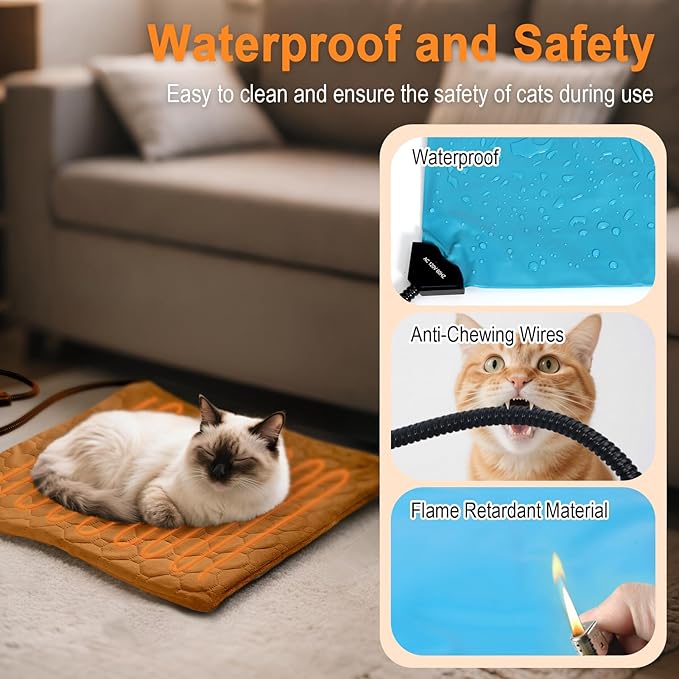 Pet Heating Pad for Cats & Dogs Indoor Outdoor, Warming Cat Heating Pad with Chew Resistant Cord, Adjustable Temperature & Time, Heated Cat Bed Mat Waterproof for Cats Small Dogs, 17.7'' × 17.7''