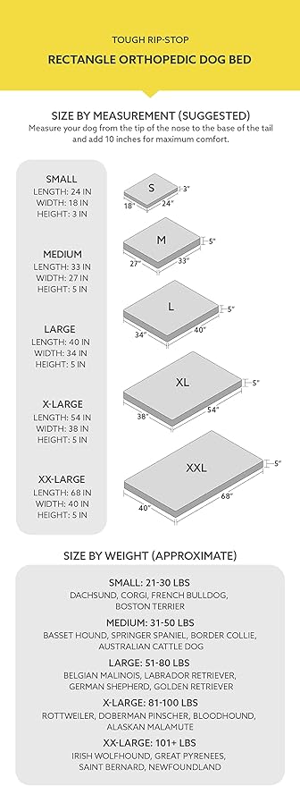 K9 Ballistics Tough Ripstop Orthopedic Rectangle Dog Bed Removable Washable Cover, Solid Orthopedic Foam for Size M Medium Dogs 33"x27", Sandstone