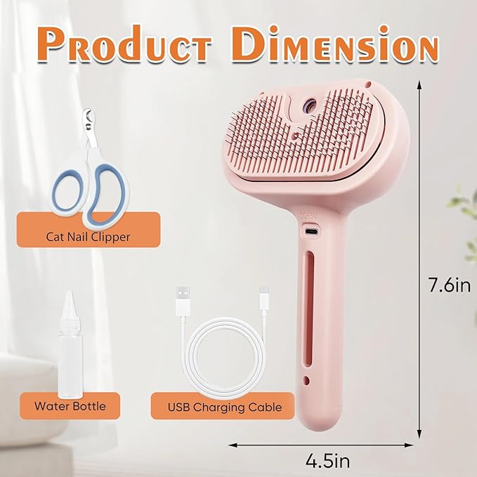 Cat Steam Brush with Release Button, Pet Spray Brushes for Shedding & Grooming, Mist Comb for Pet Long Short Haired, Steamy Brush for Cats Removing Loose Fur and Massage (Pink)