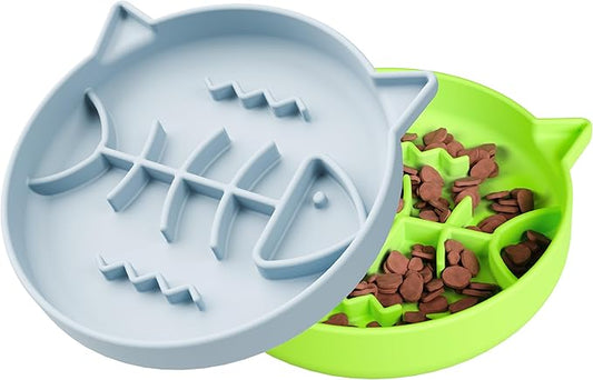 Silicone Cat Slow Feeder,Slow Feeder Bowl Wet Food with Suction Cups,Cat Interactive Toys,Effectively Reduce Overeating in Kitty (Blue+ Green, 1 Cup)