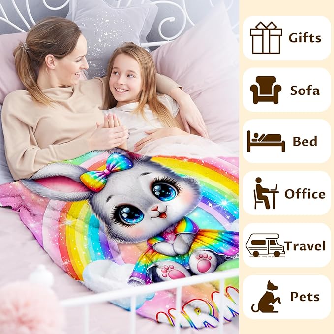Personalized Rabbit Blanket Gift for Girls Bunny Throw for Kids Teens, 50x60 Inches Soft Warm Lightweight Rainbow Throw Blankets for Sofa Couch Bed Travel