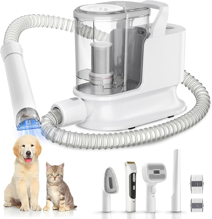 Dog Grooming Kit & Dog Grooming Vacuum, 12Kpa Suction Pet Vacuum Grooming Kit with Low Noise, 3 Suction Mode, 2L Capacity, 5 Pet Grooming Tools for Shedding Cat Hair, Home Cleaning