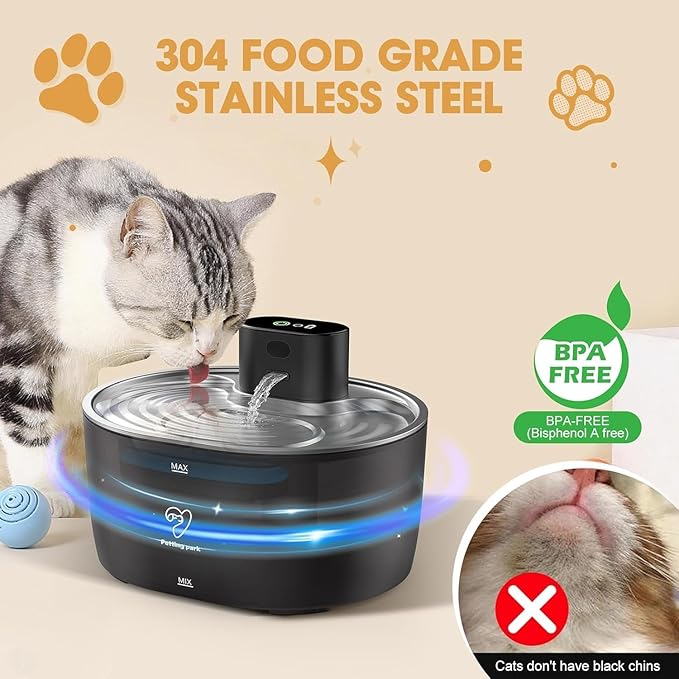 Wireless Cat Water Fountain Stainless Steel,108oz/3.2L Pet Water Fountain Battery Operated with 2 Modes, Ultra Quiet Motion Sensor Cat Water Dispenser (Black, 108 fl.oz/3.2 L)
