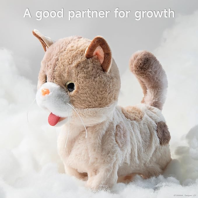 TUMAMA Toy Cat for Kids, Cute and Realistic Kitty Toy That Walks, Meows, Tongues Out and Wags Tail, Interactive Electronic Cat Plush Toy with Leash, Best Gift for Boys and Girls Ages 3 4 5 6 7