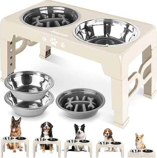 Elevated Dog Bowls, Dog Feeder with 2 Stainless Steel Dishes &1 Slow Feeder Bowl, 5 Heights Adjustable Raised Stand for Medium Large, Food Dishes with Non-Slip Feet