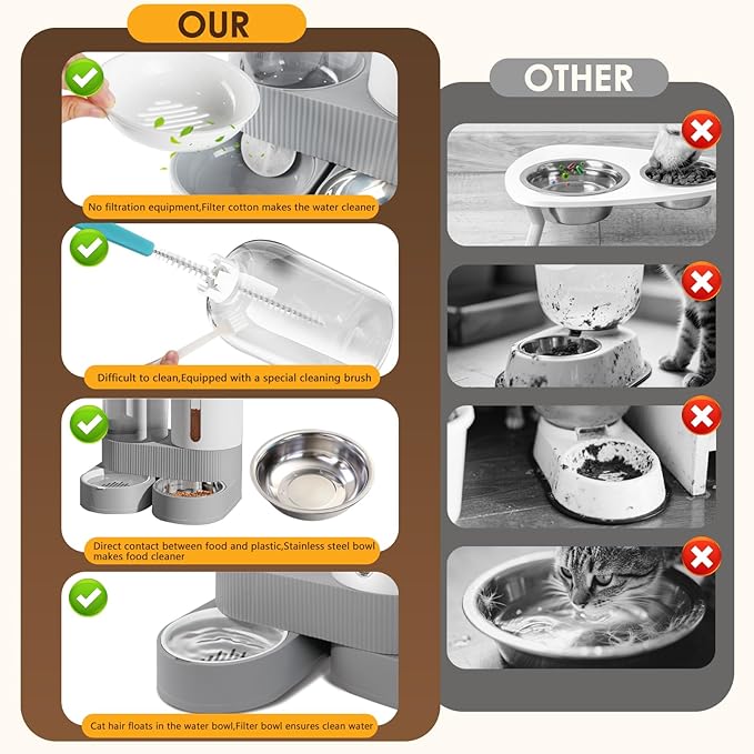 Automatic Gravity Cat Dog Feeder and Water Dispenser with 304 Stainless Steel Bowls 2 in 1 360 Degree Rotatable Auto 2.4L Dry Food and 2.6L Water Bowl for Small Medium Pet Dog Puppy Kitten (Gray)