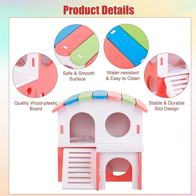 MCEAST 10 Pieces Fun Hamster Toys Set Include DIY Wooden Gerbil Hideout Hamster House Rainbow Bridge Seesaw Swing Roller Pet Exercise Chew Play Toys Guinea Pig Cage Accessories for Small Animals