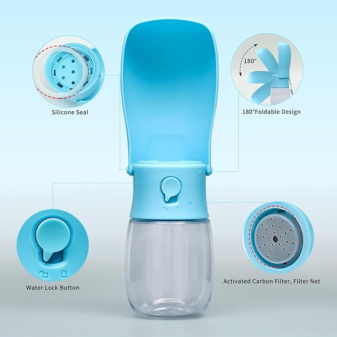 Dog Water Bottle, Leak Proof Portable Puppy Water Dispenser, Travel Puppy Water Bowl, Foldable Transparent Dog Water Bottle for Pets Outdoor Walking, Hiking, Travel, Food Grade Plastic - 10oz Blue
