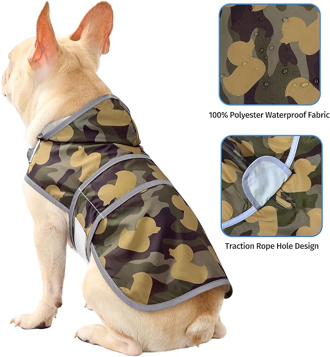 Dog Raincoat for Medium Dogs Waterproof Hooded Rain Jacket with Reflective Strips Leash Hole & Poncho Adjustable Fit (CamoDuck,M)