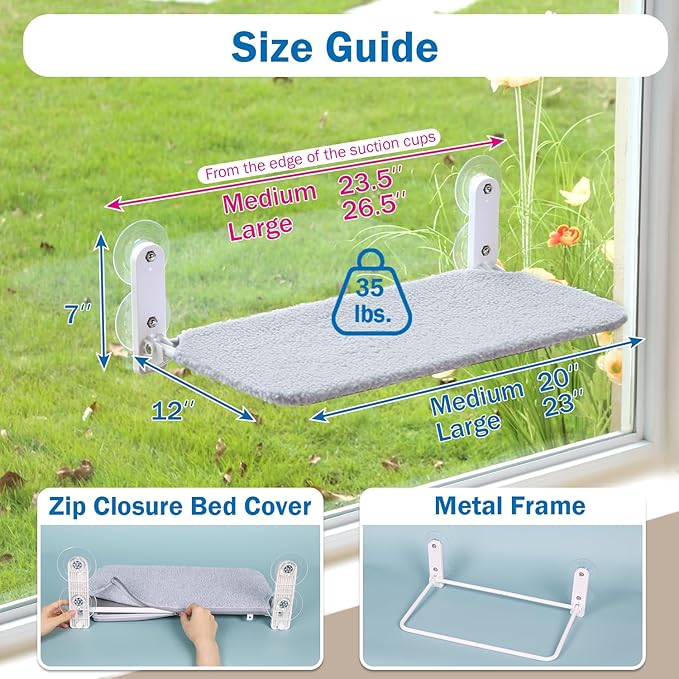 Zakkart Easy Fold Cat Window Perch - Cordless, Fold-Up, Zip Closure Embeded Machine Washable Bed Cover, Robust Metal Frame - Cat Hammock for Window for Large Cats and Kittens (Gray, Medium)