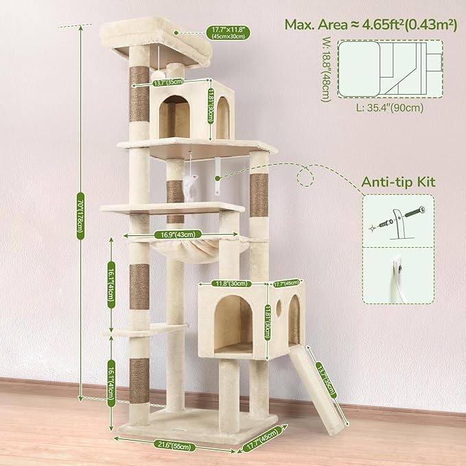 Globlazer Heavy Duty Cat Tree Tower, 70inch Sturdy Cat Tree for Indoor Cats Sturdy Large Cat Tower with Scratching Post and Scratching Board, Hammock, Cat Condo for Adult Cats Kittens, F70 Pro, Beige
